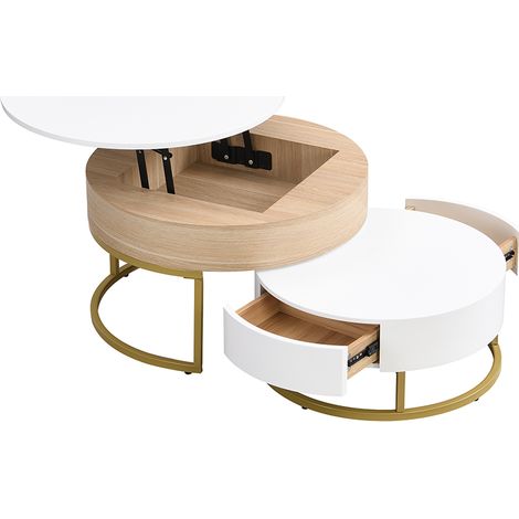 Tavolini da Salotto Impilabili con 2 Cassetti e Piano Sollevabile, Bianco Lucido, in MDF, Bianco, 70×70×42/56,5 cm (1/5)