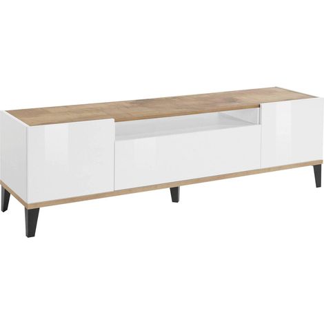 Dmora - Mobile porta TV Argentoro, Credenza bassa da soggiorno a 2 ante, Base porta televisione, 100% Made in Italy, cm 160x40h47, Bianco lucido e Acero (1/5)