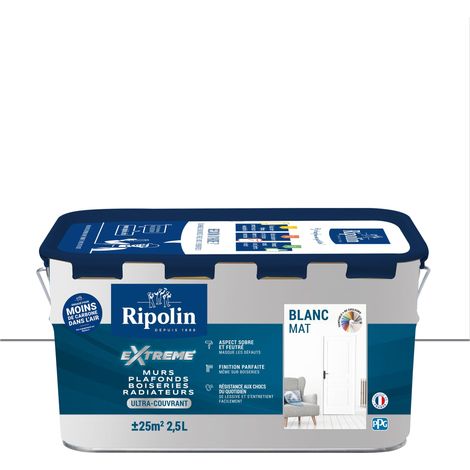 Ripolin – Peinture blanche mat ultra-couvrante 2,5L – Pour murs, plafonds, boiseries, radiateurs – Opacité optimale en 1 couche – Lessivable