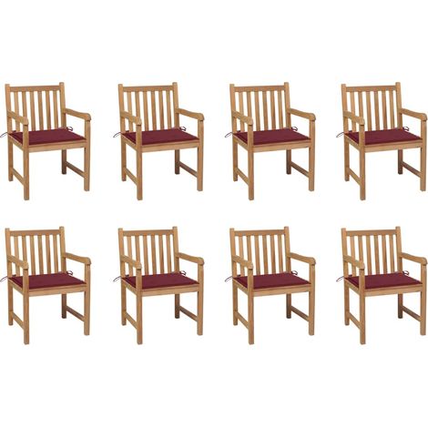 Sillas de jardín 8 uds madera maciza teca cojines rojo tinto