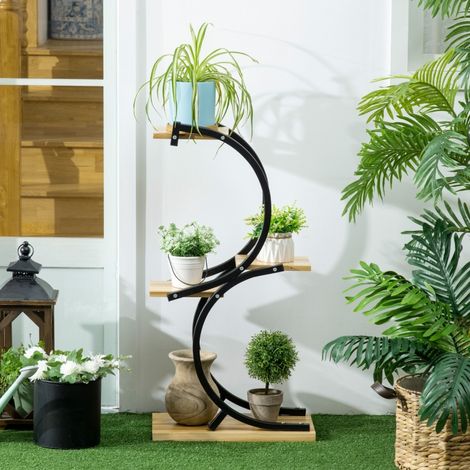 Scaffale portapiante in legno naturale, 4 livelli, design verticale salvaspazio 46x25x91 cm