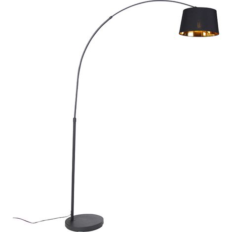 Qazqa – Lampadaire moderne noir H 176 cm – Éclairage intérieur E27 – Abat-jour doré pour ambiance chaleureuse – Salon, chambre, bureau (1/5)