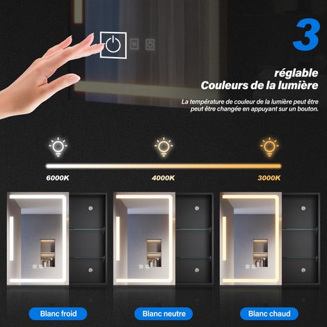 SIRHONA Armoire murale de salle de bain avec prise rasoir 3 modes d'éclairage 650x600mm Armoire de salle de bain design à rangement ouvert — vue 4