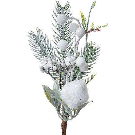 Branche Décorative de Noël avec Fleurs Artificielles en Plastique Blanc et Vert 26 cm - PANGIVO