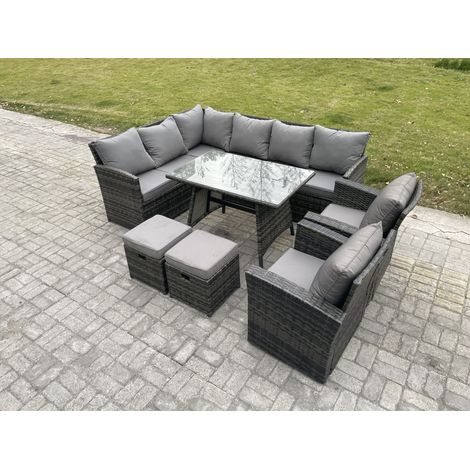 Fimous Outdoor Gartenmöbel-Set Ecksofa Set mit Länglicher Esstisch 2 kleine Fußhockern 2 Sesseln Dunkelgrau gemischt