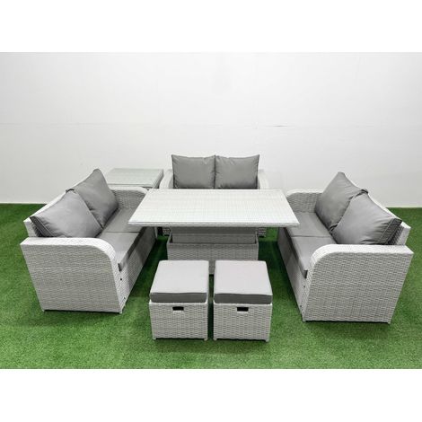 Fimous 8 Seater PE Wicker Rattan Furniture Sofa Sets with Adjustable Lifting Dining or Coffee Table 2 Seater Love Sofa 2 Stool Side Table Light Grey (1/5)