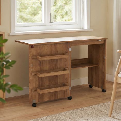 Table de couture pliante meuble couture à abattant avec bacs de rangement, étagère ouverte et roulettes, marron (1/5)