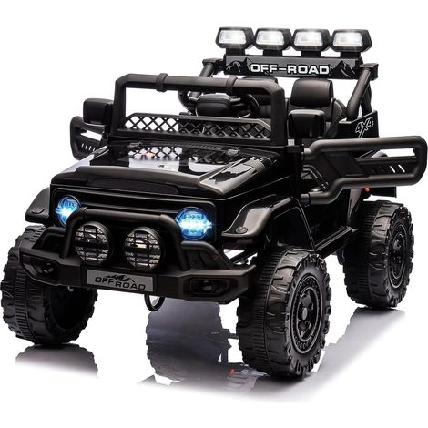 Voiture électrique 12V pour enfants – Télécommande 2,4G – 3 vitesses – Klaxon et musique – Suspension à ressorts – Lumières LED – Noir – Hydromotrix