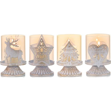 Set of 4 White Metal Candlestick Holders Pillar Candle Holders, Hurricane Distressed Candlestick Holders Favor Pieces for Christmas Table Mantel Fireplace Decoration, White (1/5)