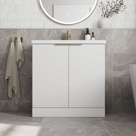 Fluted 800mm Bathroom Vanity Unit Basin Floorstanding Cupboard Soft Close White (1/5)