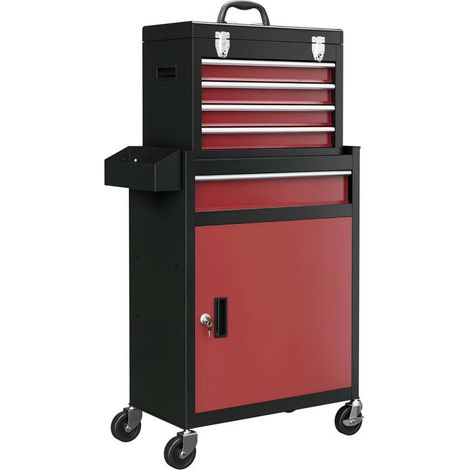 Armoire à outils sur roulettes avec 5 tiroirs et armoire verrouillable, sur roulettes pour l'atelier et la maison, rouge (1/5)