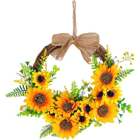 Künstlicher Sonnenblumenkranz, gelber Blumenkranz, Frühlings-, Sommer- und Herbstkranz, Dekoration für drinnen oder draußen A