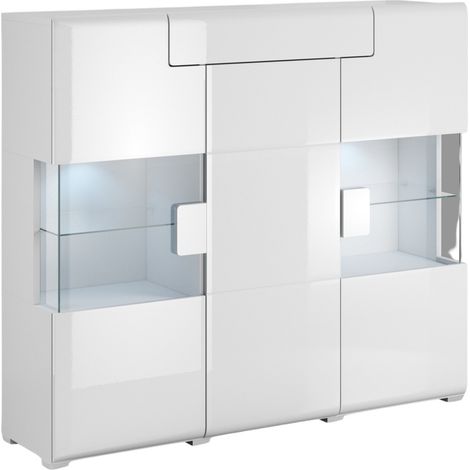 Aparador Torsone 100, Blanco + Blanco brillante, 132x147cm, Número de puertas: 339cm, Aglomerado laminado, Vidrio (1/5)