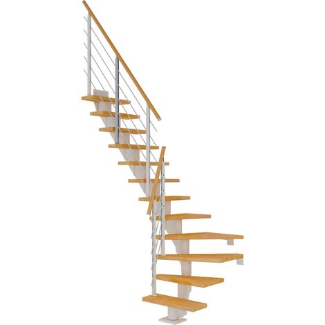 Dolle Mittelholmtreppe Frankfurt 1/4 gewendelt Buche, geölt 75 cm breit für Geschosshöhen 222 – 258 cm UK Metall Weiß inkl. einseitigem Designgeländer