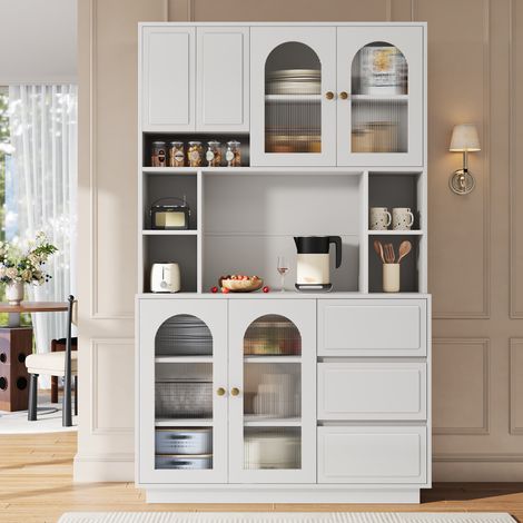 Buffet LED connecté 106x30x175cm avec portes acryliques arquées Vaisselier de cuisine 3 tiroirs,buffet haut avec étagères,MDF,blanc (1/5)