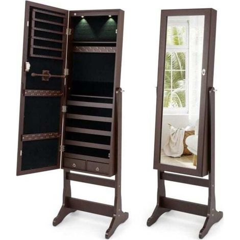 4 Angles Réglables Armoire à Bijoux sur Pied avec Miroir LED Organisateur de Rangement Verrouillable pour Chambre Marron (1/5)