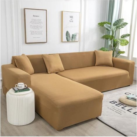 Housse De Canapé d'angle - Couleur Unie Extensible - Chameau - 3 Places (190-230cm)