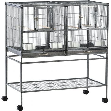 EASYCOMFORT Doppia Gabbia per Uccelli in Metallo con Vassoi Estraibili, Supporto con 4 Ruote e Ripiano, 95x45.5x102cm, Grigio