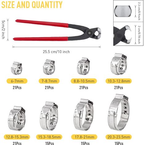 150 Stück Einzelohr-Schlauchklemmen aus Edelstahl 304 mit Ohrklemmen, 6-23,5 mm Crimp-Schlauchklemmen-Sortimentsset, Bündelring-Crimpklemmen-Werkzeug, ideal für Automobil-, Haushaltsgerätekabel und Ro