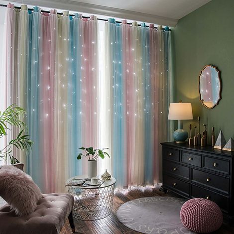 Rideau Étoile - Rideau Fenêtre Double Couche en Polyester - Pour Chambre Enfant Salon Bureau - 1 Pièce - Bleu (1/4)