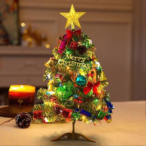 Mini-Weihnachtsbaum mit LED-Lichtern, 50 cm großer Tischbaum mit dekorierten Geschenkboxen, hängenden Dekorationen und einem Stern an der Spitze, ideal für das Heimbüro. (1/5)