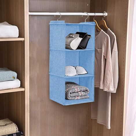 Hanging storage shelves, 3-tier closet organizer with 2 eco-friendly hooks made of cotton and linen (blue) (1/5)