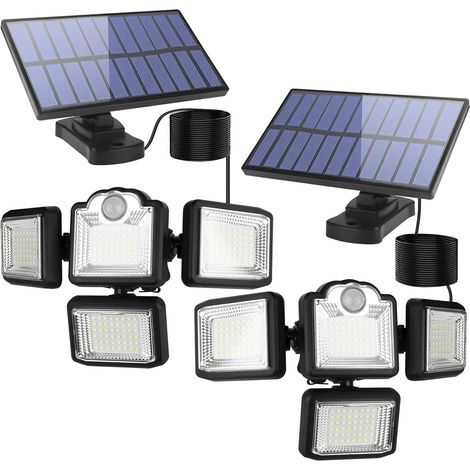 Lampe solaire extérieure/intérieure avec détecteur de mouvement - Projecteur solaire LED étanche à 4 têtes - Applique murale avec télécommande et câble - Lot de 2 (1/5)