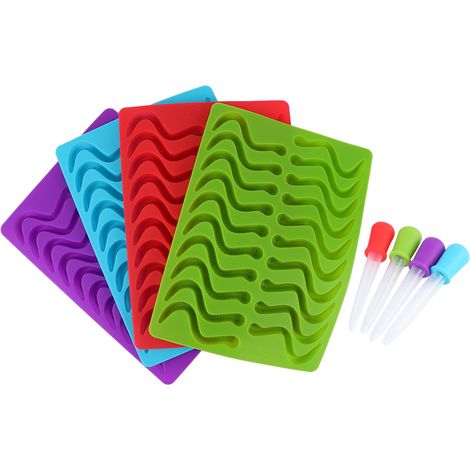 Moule à fondant en silicone en forme de ver de terre (lot de 4) avec pipette, rouge, bleu, vert et violet. (1/5)