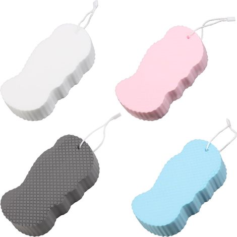 Éponges de bain pour adultes et enfants - Lot de 4 éponges de douche massantes double face avec cordon de suspension, éponges douces pour le corps (1/4)