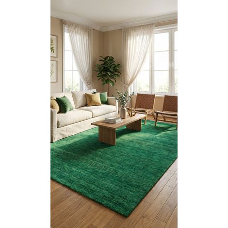 Tapis Gabbeh tissé Tapis Uni - Tapis en laine  - 200x140cm, Rectangular - 100% Laine vierge - Tissé main - Vert foncé