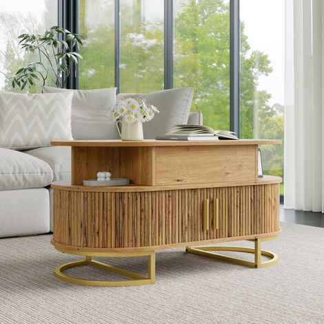 Couchtisch Wohnzimmertisch Kaffeetisch MDF oval höhenverstellbar Stauraum Schiebetür Stahlrohr Gestell Zinklegierung Griff (1/5)