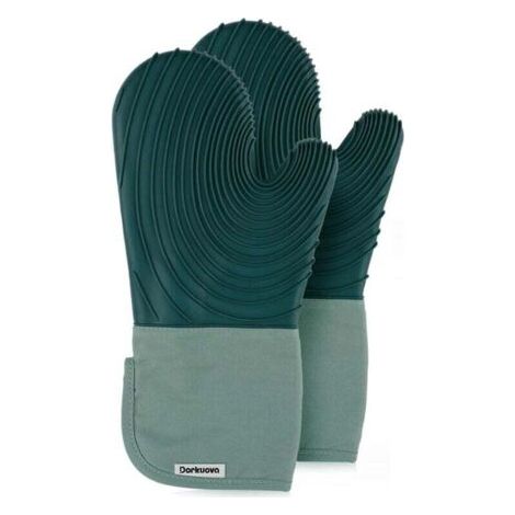 Ensemble de gants de cuisine en silicone, mitaines doublées en coton, sans BPA, gants de cuisson longs et trépied, gants de gril en silicone, 2 pièces (vert) (1/4)