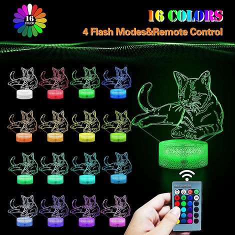 Veilleuse Veilleuse Chat 3D LED Lampe Optique Illusion Veilleuse Enfant Lampe de Chevet Table Bureau Cadeaux Pour Filles Garçons 16 Couleurs avec Télécommande-RAPANDA (1/3)
