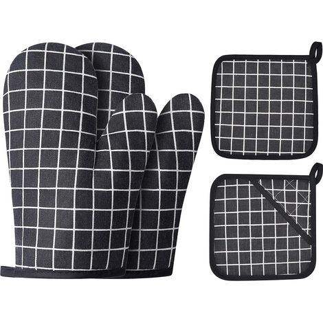 Ofenhandschuhe und Grillhandschuhe aus Baumwolle - Hergestellt aus recycelter Baumwolle, mit Silikon gefüllt, rutschfeste Kochhandschuhe, geeignet zum Kochen, Backen und Grillen (4-teiliges Set, schwa