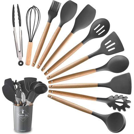 Set Di 11 Utensili Cucina In Silicone Resistenti Al Calore Con Manico In Legno