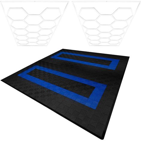 Piastrelle Modulari Ventilate 165 Nere & 60 Blu con Bordi e Illuminazione LED Esagonale 28 Luci Bianche 6500K 3 Opzioni di Montaggio Kit Soffitto Sospeso Pavimento Garage 6m x 6m