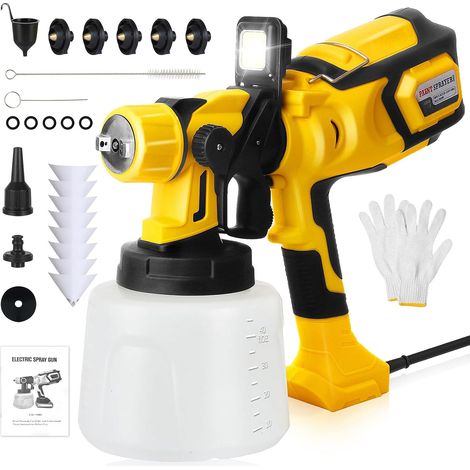 Pistola a spruzzo per vernice, pistola a spruzzo elettrica HVLP da 850 W, serbatoio da 1400 ml, 5 ugelli, copertura 45 m² - 15 min, luce LED rimovibile, pistola a spruzzo per verniciare soffitti, pare (1/5)