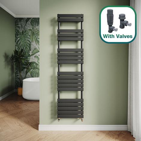 ELEGANT Modern Central Heating Towel Radiator Bathroom Flat Panel Heated Towel Rail 1800x450mm Black + Anthracite Thermostatic Radiator Valves