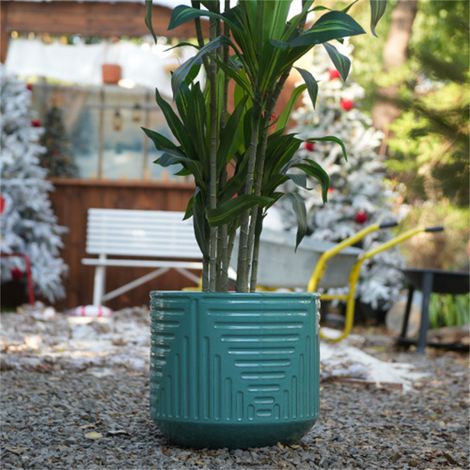 Pot de Fleurs Géant en Céramique Fait Main - Ø42x36.5cm - Grand Pot de Jardin Respirant Motif Rénures Géométriques - Vert Turquoise (1/5)