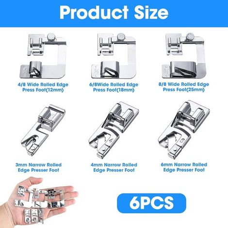 6 prensatelas，6 tamaños，Pies para máquina de coser，Pie para dobladillo de máquina de coser，Pies prensatelas de 4/8，6/8，8/8，3 mm/4 mm/6 mm (1/4)