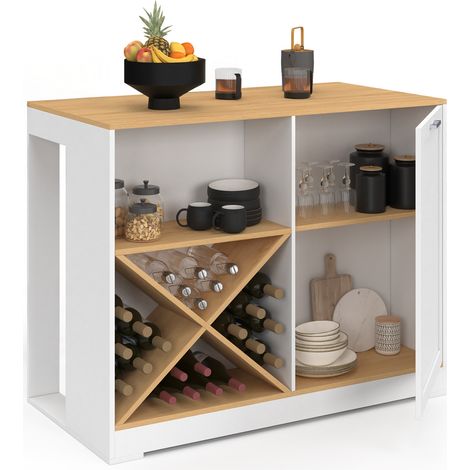 Table de bar îlot VITO 113 cm avec range-bouteilles bois blanc et plateau façon hêtre