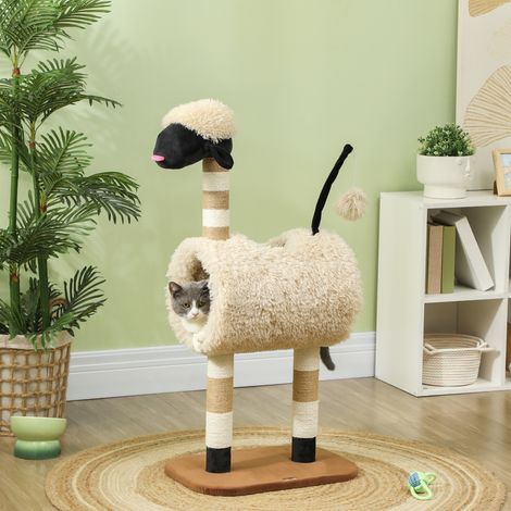 Arbre à chat au motif mouton, 98 cm, avec griffoir, tunnel et jouet, brun clair