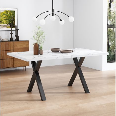 Tavolo da pranzo rettangolare 140 x 80 x 76 cm effetto marmo bianco, piedi incrociati (1/5)