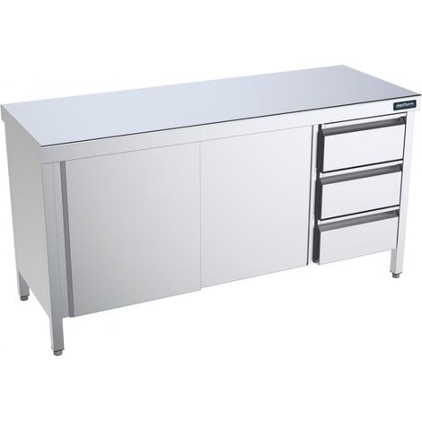 Table Inox centrale avec portes coulissantes et tiroirs à droite - Gamme 700 - Distform
