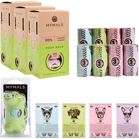 Sacchetti per deiezioni canine, 100% riciclati, mymals, 360 pezzi + dispenser (1/5)