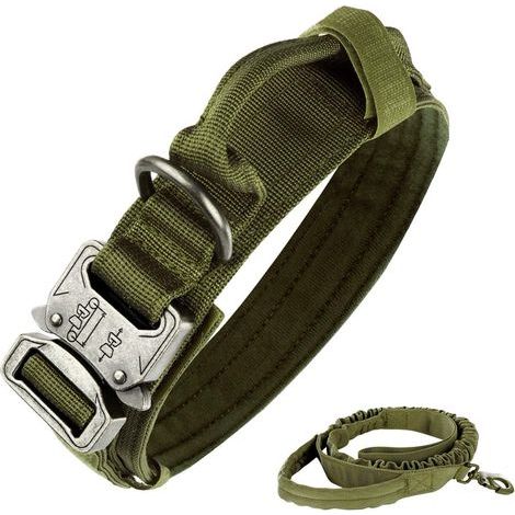 Tactical Dog Collar, Nylon, Adjustable, K9 Collar, Heavy Duty Metal Buckle with Handle and Tactical Bungee Dog Leash, Nylon (XL, Army Green) (1/5)