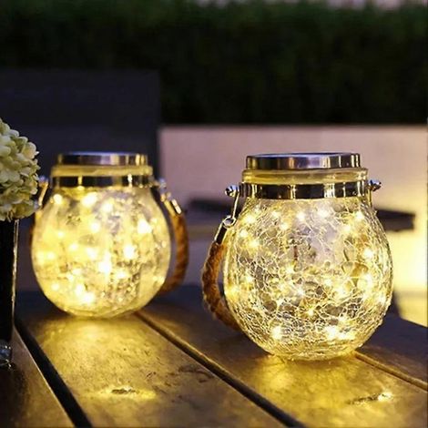 Lanterne boule en verre à énergie solaire avec suspension par corde, lampe de jardin extérieure étanche, idéale pour les fêtes sous les arbres. (1/5)