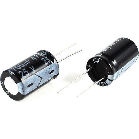 2 condensateurs électrolytiques radiaux noirs 4700 µF 25V 105°C 26x16 mm (1/3)