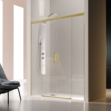 Mampara de ducha frontal 2 Fijos + 2 Puertas Correderas 160  cm GLASÉ perfil Oro cepillado