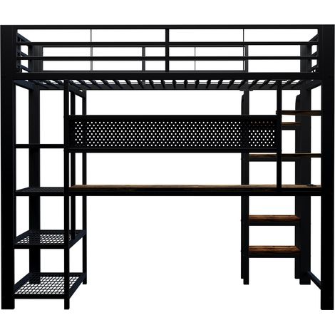 Letto a soppalco in metallo 90 x 200 cm nero con scrivania LED e scaffali (1/5)
